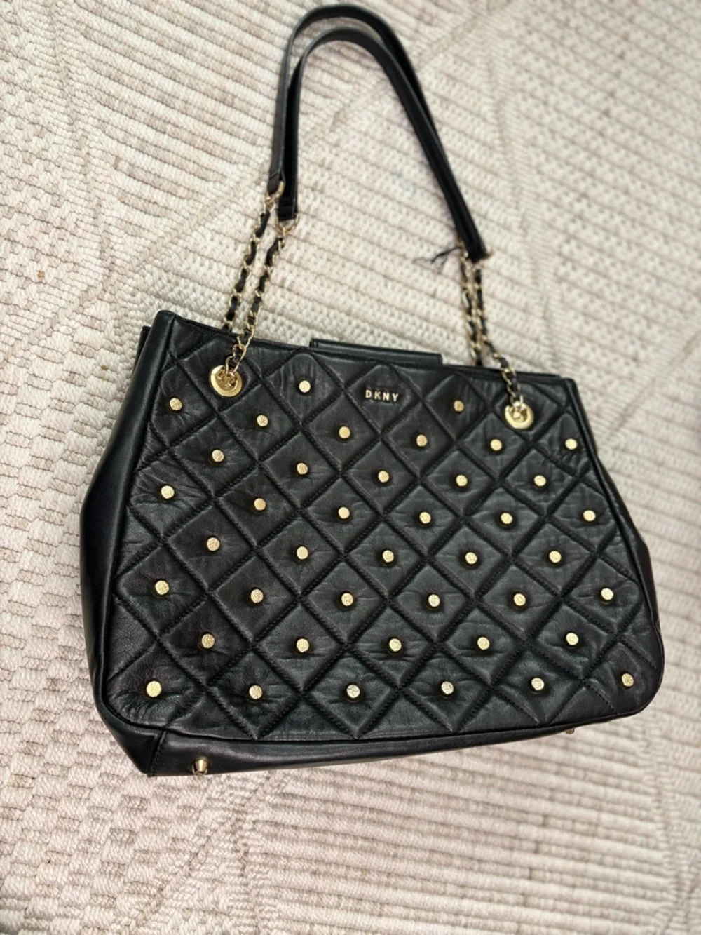 DKNY Black Quilted Leather Tote with Gold Stud Accents